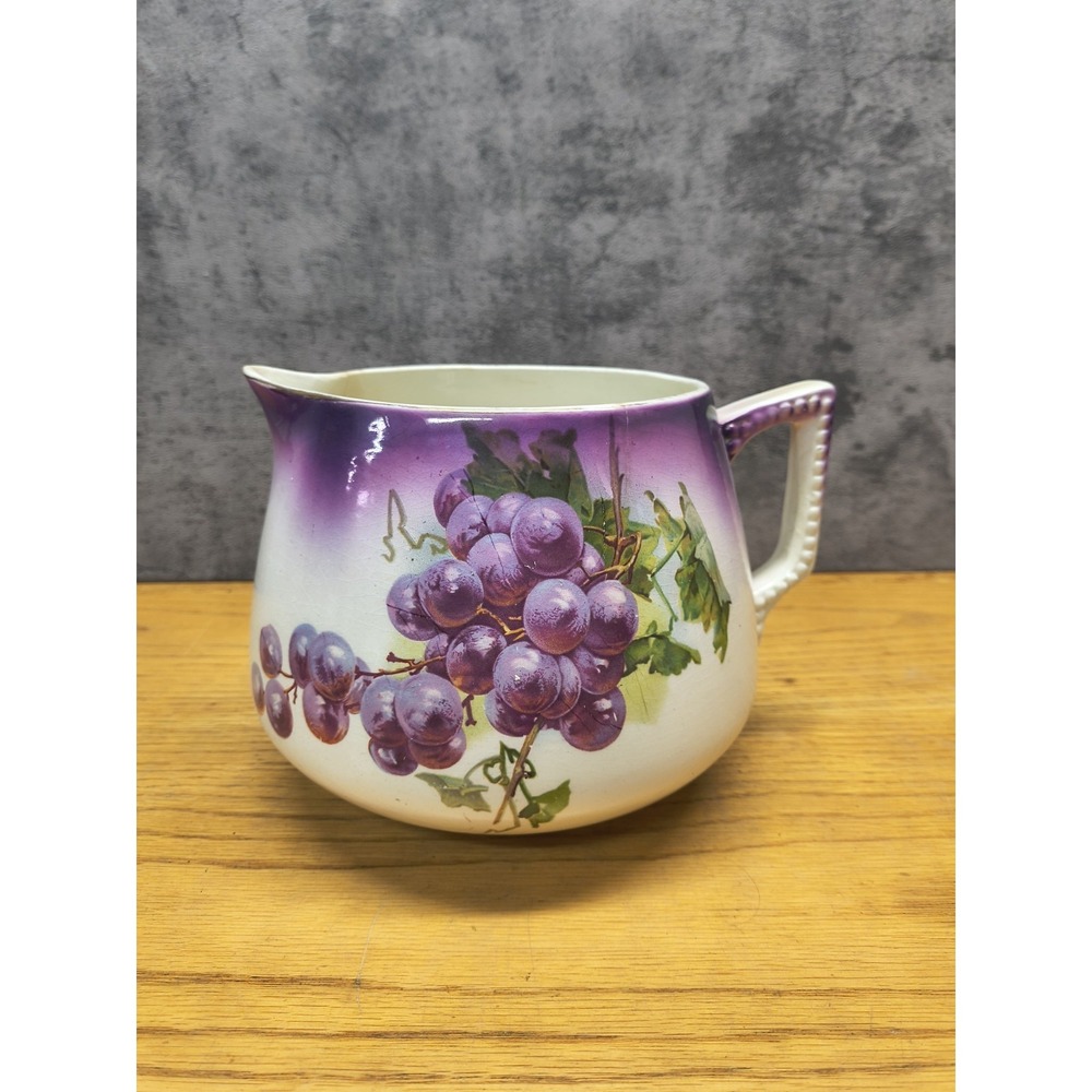 1890's Dresden China‎ Antique Cider Lemonade Pitcher Purple Grapes Fruit